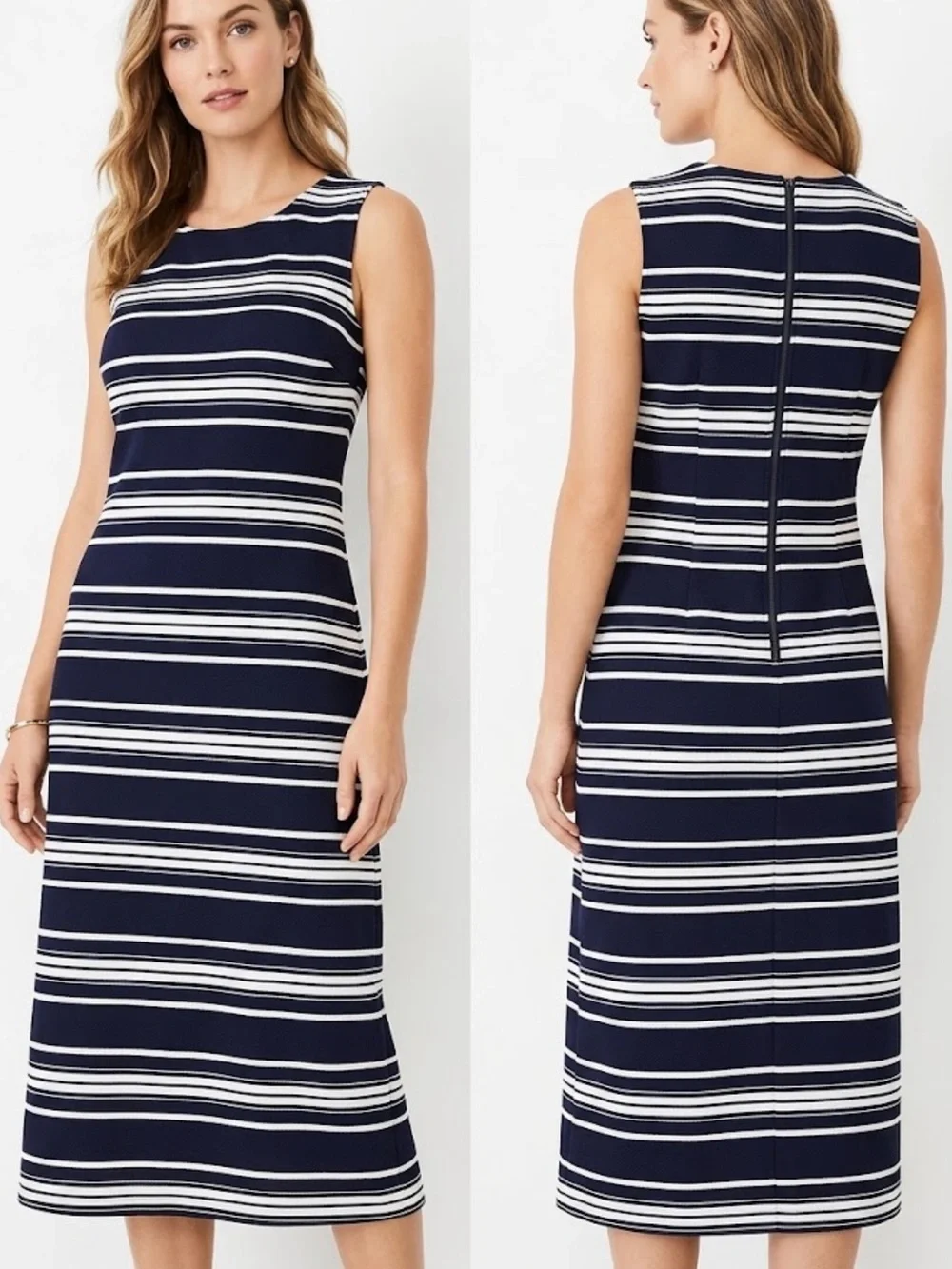 Striped Navy and White Sleeveless Sheath Dress